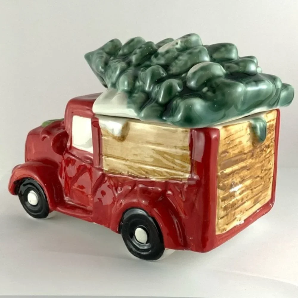 Christmas Canister Farm Vintage Truck Cookie Treat Jar Hand Painted Ceramic